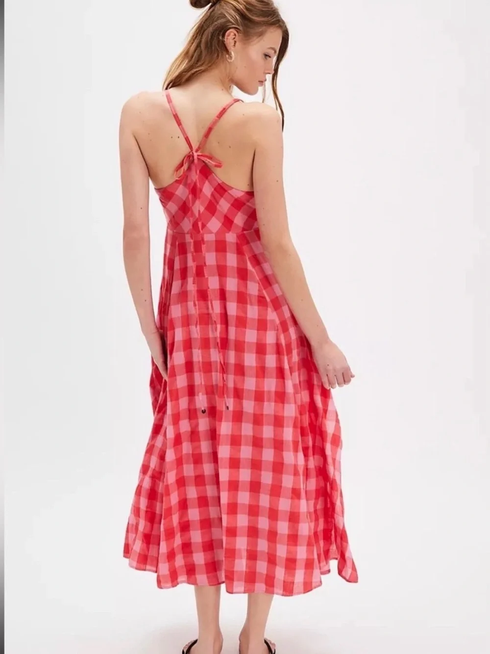 Free People Red and Pink Gingham Via Midi Dress - Picture 2 of 5
